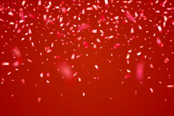 Vector illustration of Falling red confetti background. Can be used for celebration, Christmas, New Year, Carnival festivity, Valentine’s Day, advertisment event, National Holiday, etc.