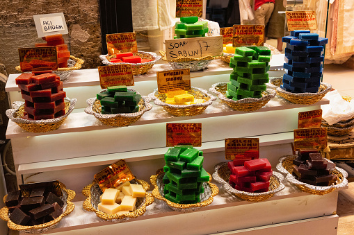 Istanbul, Turkey - July 05, 2018: Handmade soaps on Spice Bazaar (Egyptian Bazaar) in Istanbul. Is one of the largest bazaars in the city. Located in the Eminonu quarter of the Fatih district.