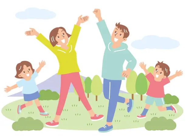 Vector illustration of A cheerful family of four jumping happily