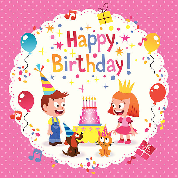 ilustraciones, imágenes clip art, dibujos animados e iconos de stock de linda tarjeta de cumpleaños para niños - birthday card dog birthday animal