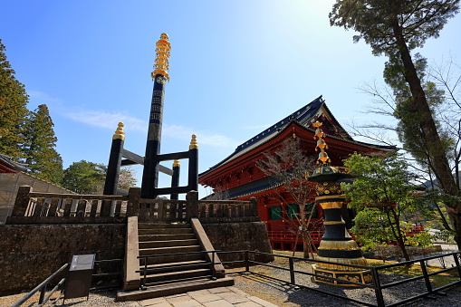 Nikko, Japan- April 4th, 2023: Nikkozan Rinnoji Temple (Buddhist complex with a renowned wooden hall) in Nikko, Japan