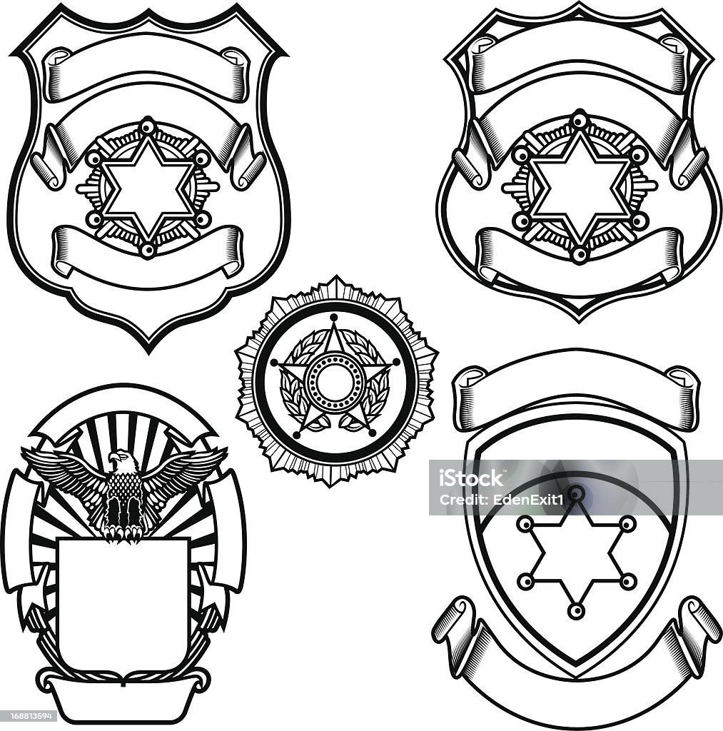 Vector illustration of sheriff badges A set of sheriff's badges, also suitable for police badges and emblems, including sheriff's stars. Police Badge stock vector