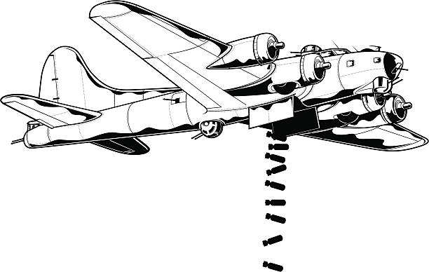 Vector illustration of bomber airplane Vector illustration of WW2 bomber dropping bombs. explosive stock illustrations