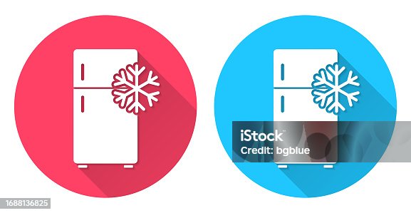 istock Fridge with snowflake. Round icon with long shadow on red or blue background 1688136825