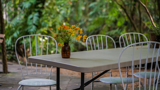 Modern white chair and table set up in the garden. Dining table in the outdoor garden decorated with yellow flower poppies in a glass vase. Blur background