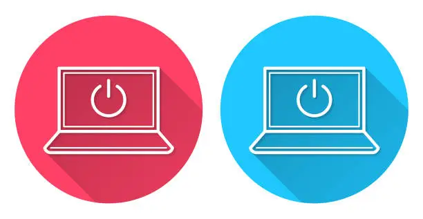 Vector illustration of Laptop with power button. Round icon with long shadow on red or blue background