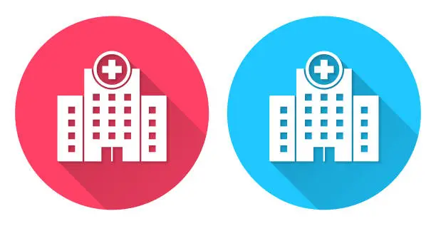 Vector illustration of Hospital building. Round icon with long shadow on red or blue background