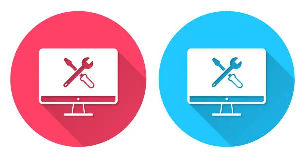 Vector illustration of Desktop computer settings - Tools. Round icon with long shadow on red or blue background