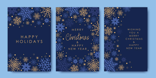 ilustraciones, imágenes clip art, dibujos animados e iconos de stock de muestras de arte decorativo moderno. tarjetas de feliz navidad y año nuevo e invitaciones a eventos corporativos. copos de nieve azules y dorados y una estrella de navidad sobre fondo azul. ilustración vectorial de invierno. - snowflake falling christmas backgrounds