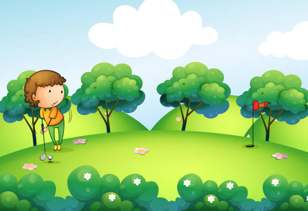 девочка играет в гольф на вершине холма - computer graphic image stick tree trunk stock illustrations