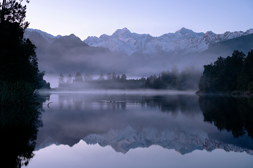 Dawn breaks over spectacular Lake Matheson in New Zealand, whilst beyond we see the snow capped peaks of the Southern Alps. A duck paddles across the mirror-like surface of the lake.