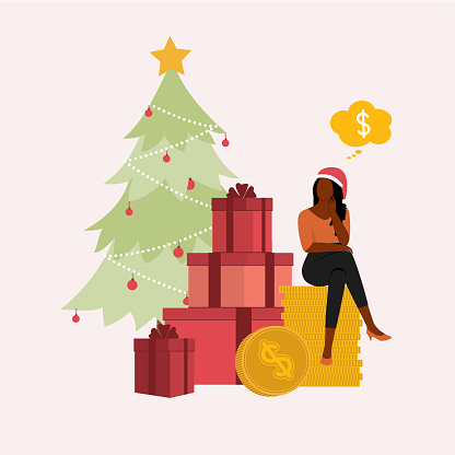 One Black Woman With Santa Hat Sitting On A Stack Of Gold Coins Thinking Of How Much Money Should She Spend On Christmas Present. Isolated On Color Background.