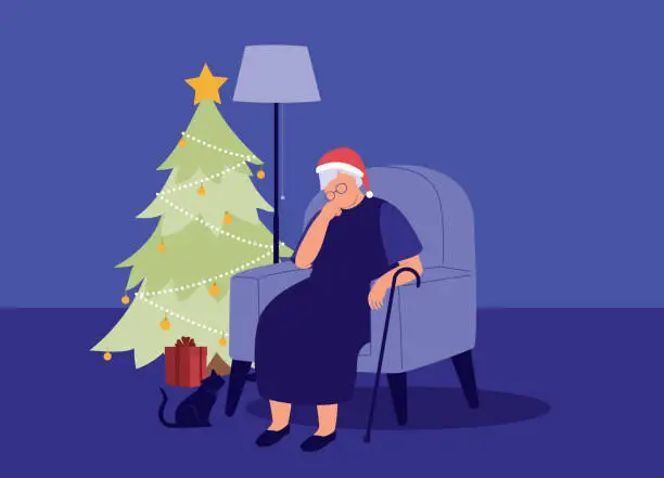 Vector illustration of Lonely Senior Woman With Santa Hat Sitting Alone On Couch At Home During Christmas Season.