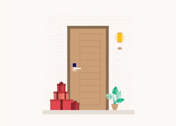 Vector illustration of A Stack Of Presents Placed Outside The Door.