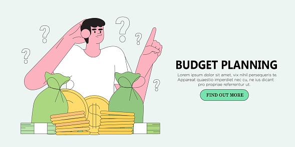 Man have problem with budget planning, money management and savings. Character decide how to spend money. Trendy illustration for web banner, mobile app, advertisement or article.