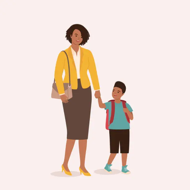 Vector illustration of Working Black Mother Walking Her Son To School.