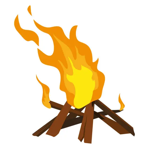 Vector illustration of Bonfire burning flame with wooden plank glowing fireplace isometric vector illustration