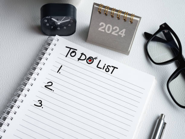 istock New year to do list. Handwriting text and list numbers on blank notepad with 2024 grey desk calendar standing with clock, pen, glasses on white background. Business goals plan, resolutions concepts. 1688193648
