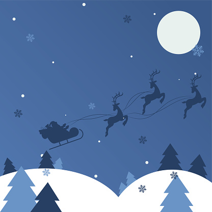 Santa Claus flies in a sleigh with reindeer over the forest and Christmas trees blue background. Merry Christmas and Happy New Year postcard dark blue background