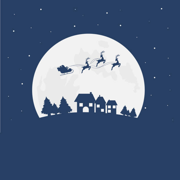 istock Santa Claus flies in a sleigh with reindeer over the town and Christmas trees blue background. 1688198593