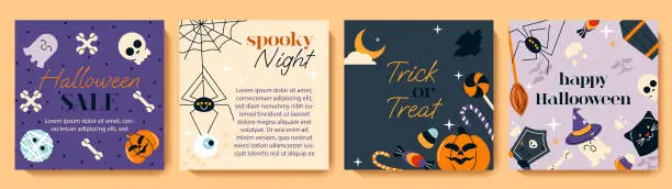 Vector illustration of Happy Halloween holiday square card templates set