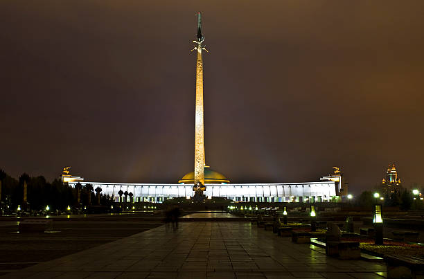 Moscow, museum of second world war and monument to Saint George on Poklonnaya hill at night.