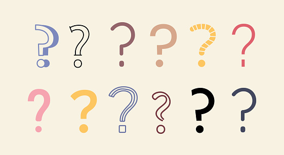 Doodle drawings of question marks and interrogation points hand drawn with colorful contour lines, problem or trouble symbols on background flat vector illustration.