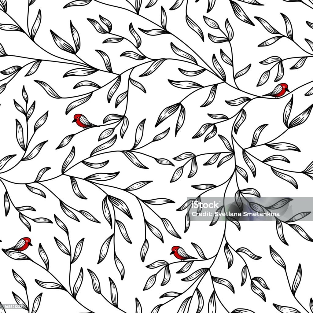 Printable Red Bird Pattern Seamless Pattern Of Stylized Red Birds On Branches With Leaves On White ...