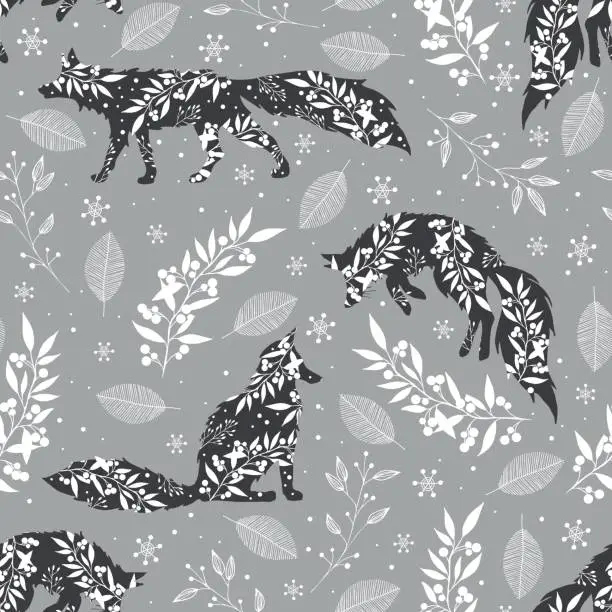 Vector illustration of Seamless vector pattern with woodland foxes and snowflakes on grey background.