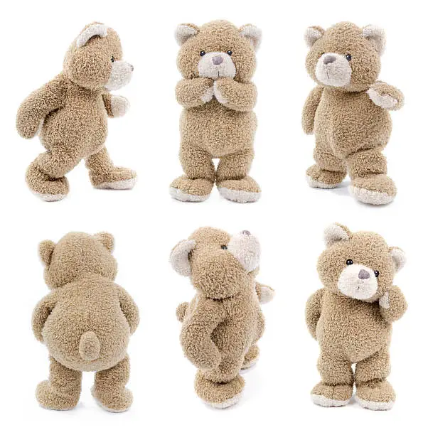 A set of teddy bears in different positions