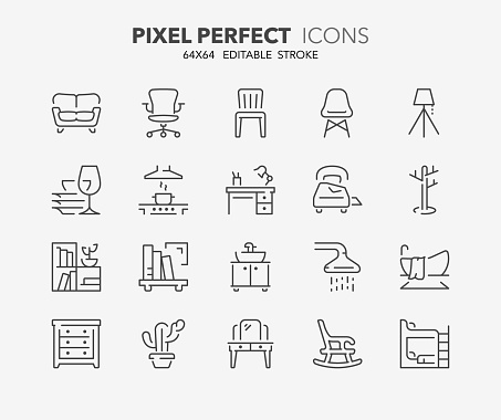 Thin line icons set of furniture, drapery and home textiles. Outline symbol collection. Editable vector stroke. 64x64 Pixel Perfect.