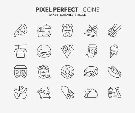 Thin line icons set of fast food and take away. Outline symbol collection. Editable vector stroke. 64x64 Pixel Perfect.