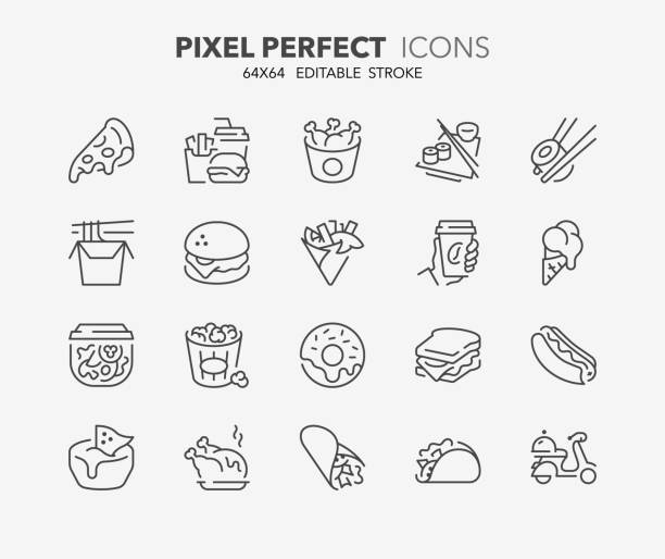 fast food thin line icons Thin line icons set of fast food and take away. Outline symbol collection. Editable vector stroke. 64x64 Pixel Perfect. fish fry icon stock illustrations