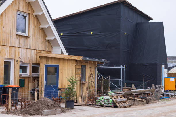 The construction of the wooden house under the azure sky, sustainable development architecture