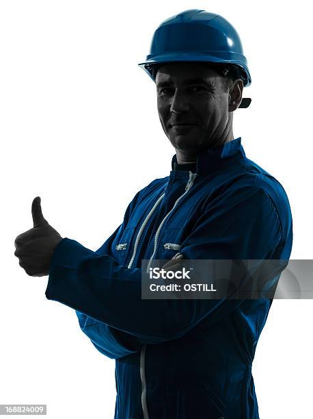 Homem Trabalhador Da Construção Civil Com O Polegar Para Cima Silhueta Retrato - Fotografias de stock e mais imagens de Acordo