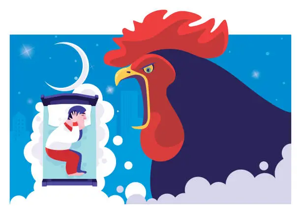 Vector illustration of man coverings ears and sleeping in bed while rooster crowing