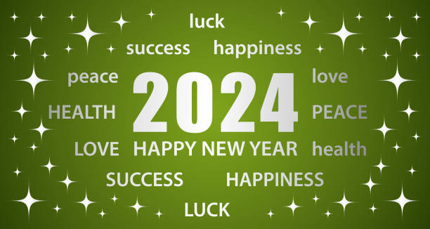 ilustrações de stock, clip art, desenhos animados e ícones de 2024 happy new year. green and silver greeting card with best wishes. illustration. festive vector banner. - gray silver environmental conservation backgrounds