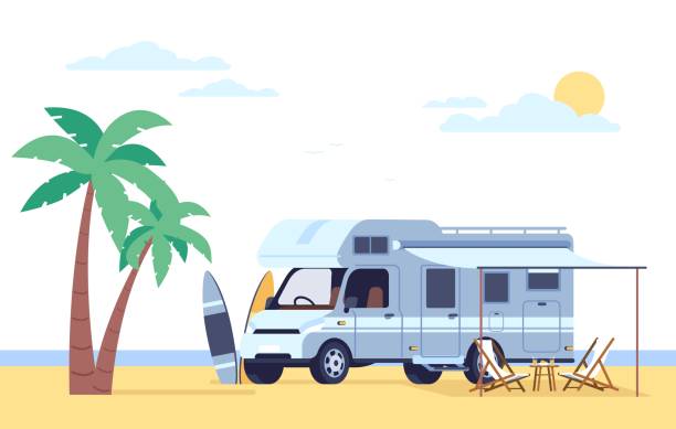 istock Motorhome stands on beach next to palms and surfboards. Caravan camper. Automobile camping van. Summer vacation. Car trailer. Driving voyage vehicle. Surfing and sunbathing. Vector concept 1688258641