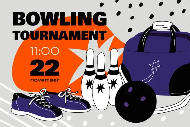 Vector illustration of Bowling tournament invitational banner. Game competition event date. Team play. Bag for shoes. Ball and pins. Gaming accessories. Vintage poster design template. Garish vector concept