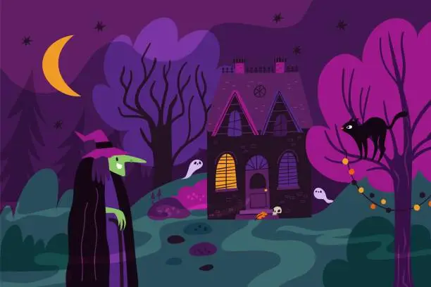 Vector illustration of Witch house in dark forest. Mystery night home. Halloween wood. Horror castle. Ghosts and black cat. Spooky landscape. Scary sorceress. Mysterious warlocks garden. Garish vector concept