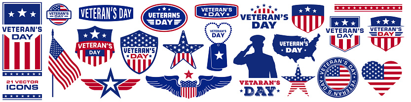 Veterans day icon set. Flat style.
