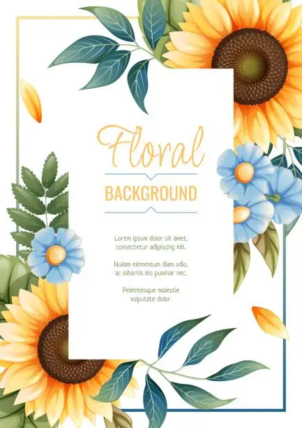 Vector illustration of Greeting card template with sunflowers, blue daisies. Flyer, banner with autumn wildflowers. Design for wedding invitation and party.