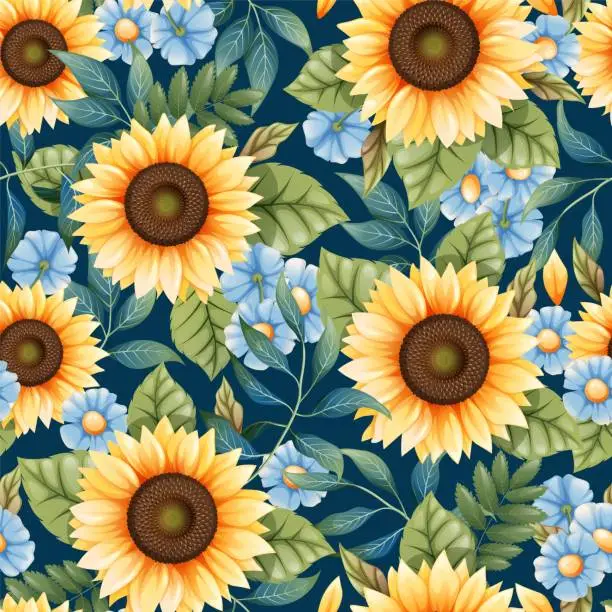 Vector illustration of Seamless pattern with yellow sunflowers, blue daisies and colorful leaves. Autumn texture in blue and yellow colors. Suitable for fabric, wallpaper, wrapping paper, cards.