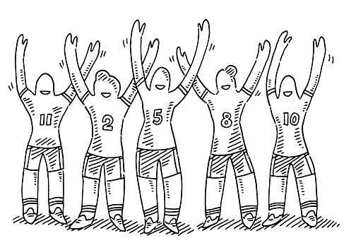 Hand-drawn vector drawing of a Cheering Women Sport Team. Black-and-White sketch on a transparent background (.eps-file). Included files are EPS (v10) and Hi-Res JPG.