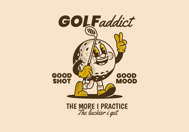 Golf addict. The more I practice, the luckier I get. Vintage mascot character illustration of golf ball holding a golf stick