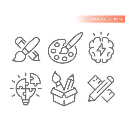 Paintbrush, lightbulb and solution outline icon set