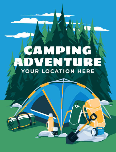 istock Conifer forest clearing with a set of hiking and survival gear. Text poster. Active tourism and travel. Vector flat illustration 1688273081