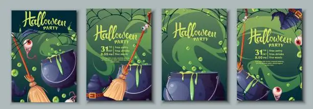 Vector illustration of Set of Halloween party invitation templates. Flyer, banner for All Saints Day. Witch s cauldron, broom, hat, spider s web. Greeting card for the holiday.