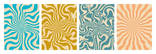 Vector illustration of Groovy hippie 70s backgrounds. swirl, twirl pattern, waves. Y2k aesthetic. Social Media Stories Template, distorted and Twisted vector texture in trendy retro psychedelic style.