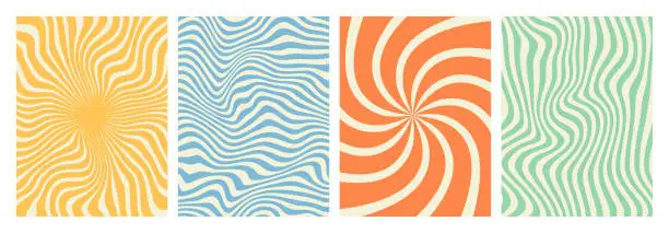 Vector illustration of Groovy hippie 70s backgrounds. swirl, twirl pattern, waves. Y2k aesthetic. Social Media Stories Template, distorted and Twisted vector texture in trendy retro psychedelic style.